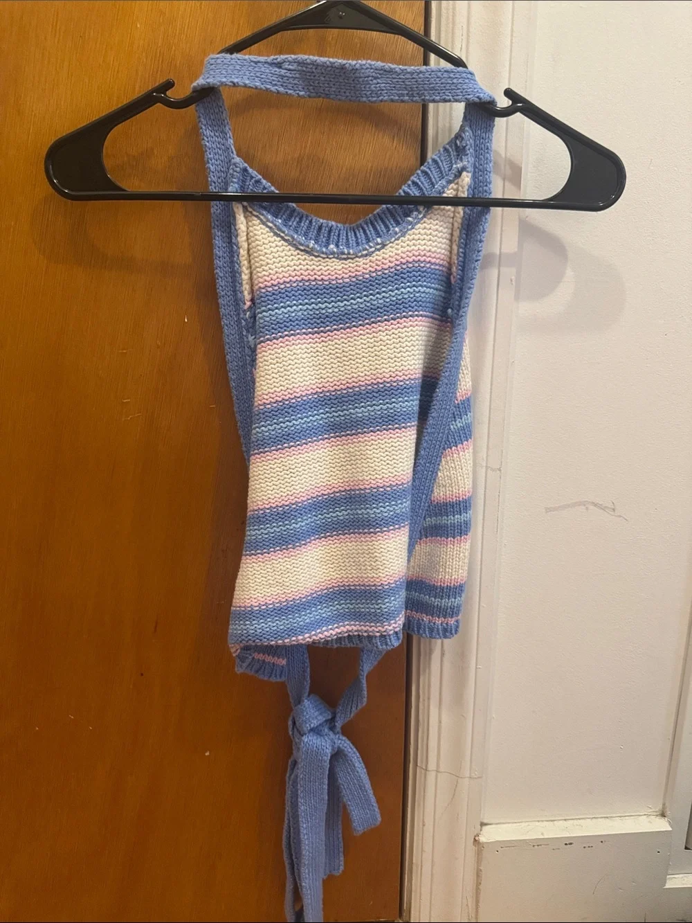 Zara Blue, White & Pink Striped Knit Backless Top